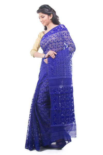 exclusive royal blue dhakai jamdani muslin saree from Bangladesh - side view