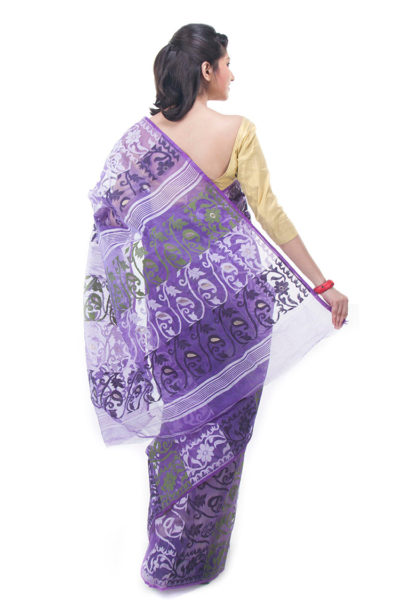 exclusive violet dhakai jamdani saree from Bangladesh - back view