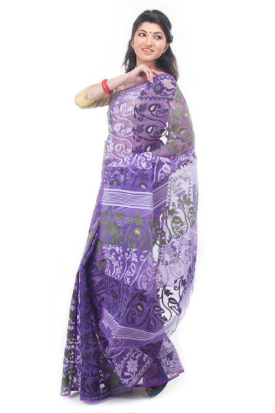 exclusive violet dhakai jamdani saree from Bangladesh - side view