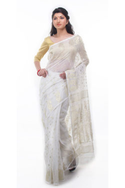exclusive white-gold dhakai jamdani muslin saree from Bangladesh