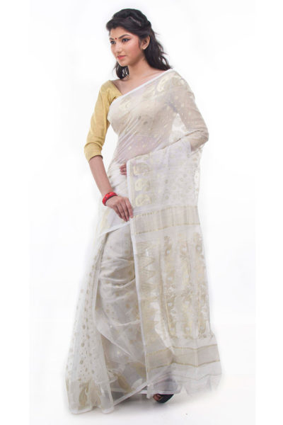 exclusive white-gold dhakai jamdani muslin saree from Bangladesh - side view