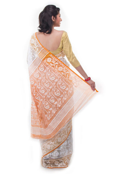 exclusive white-orange dhakai jamdani muslin saree from Bangladesh - back view