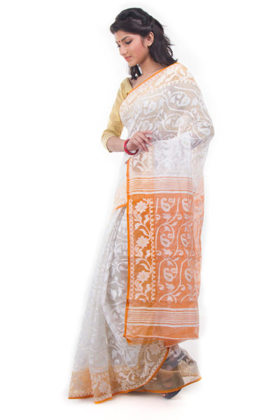 exclusive white-orange dhakai jamdani muslin saree from Bangladesh - side view
