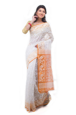 exclusive white-orange dhakai jamdani muslin saree from Bangladesh