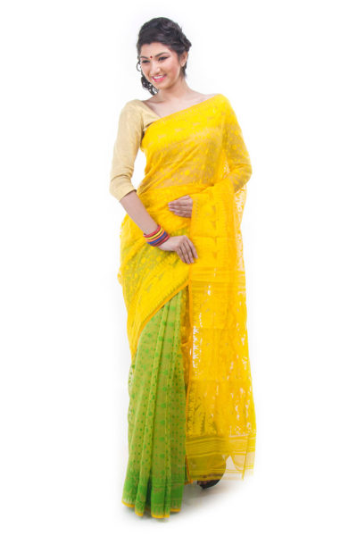 exclusive yellow-green half-half dhakai jamdani muslin saree from Bangladesh