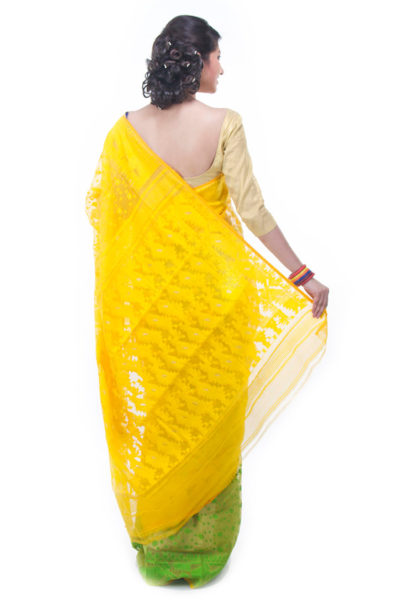 exclusive yellow-green half-half dhakai jamdani muslin saree from Bangladesh - back view