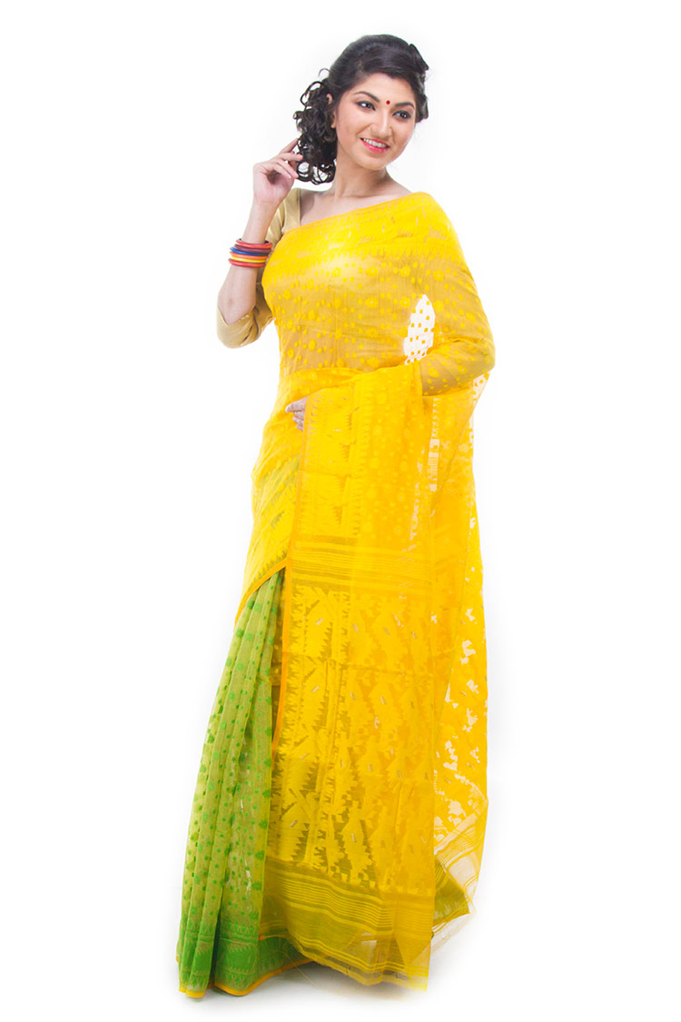Exclusive Yellow Green Half Half Dhakai Jamdani Muslin Saree