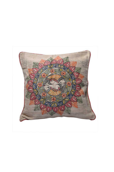 Fish motif handpainted Madhubani ghicha fabric cushion cover - 1