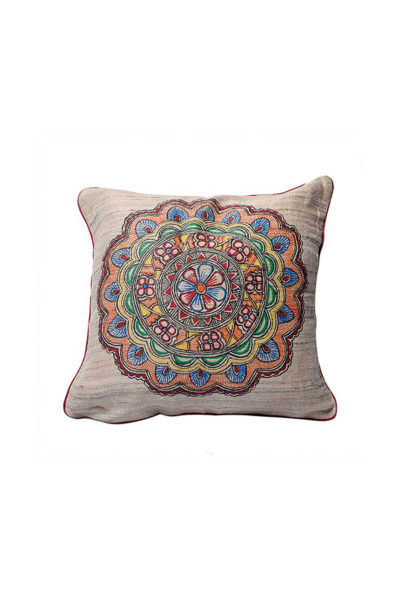 Fish motif handpainted Madhubani ghicha fabric cushion cover - 2