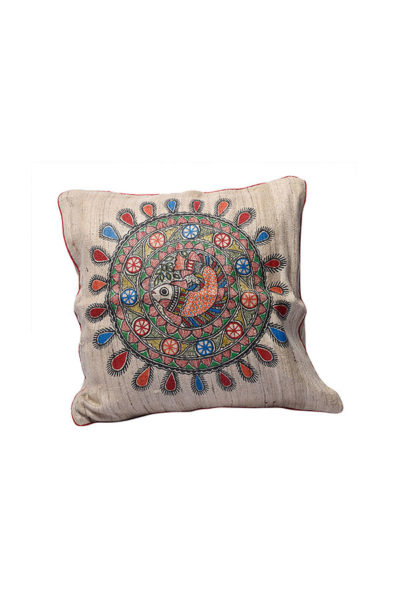 Fish motif handpainted Madhubani ghicha fabric cushion cover - 3