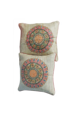 Floral handpainted Madhubani ghicha fabric cushion cover set