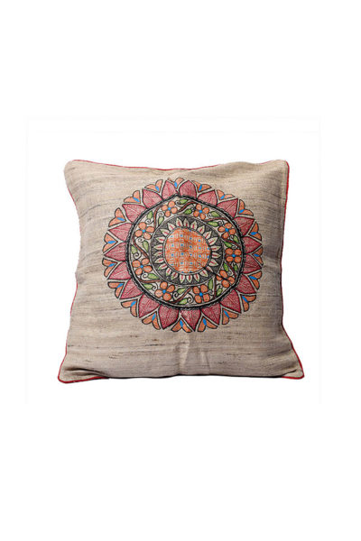 floral motif handpainted Madhubani ghicha fabric cushion cover - 1