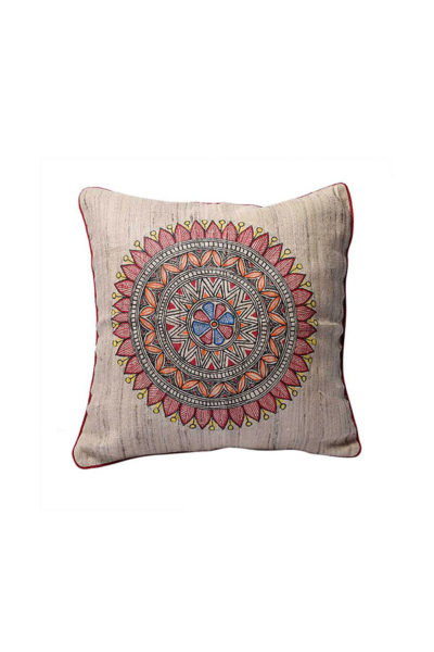 floral motif handpainted Madhubani ghicha fabric cushion cover - 2