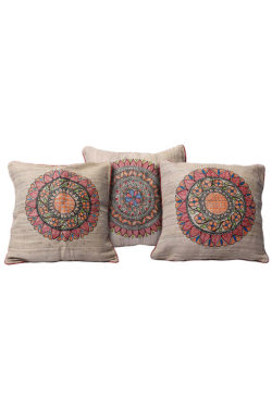 floral motif handpainted Madhubani ghicha fabric cushion cover set
