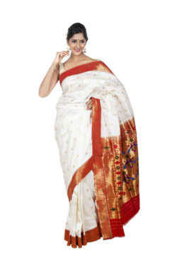 golden border white brocade Paithani silk saree