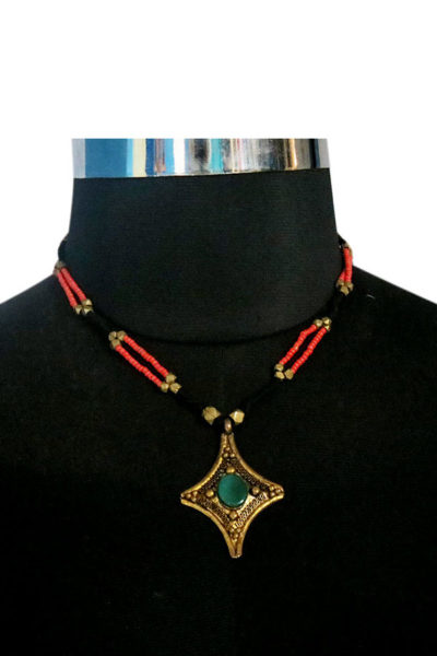 golden gunmetal pendant coral beaded dokra necklace