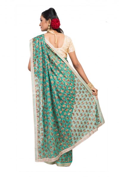 green chiffon saree with phulkari embroidery - back view
