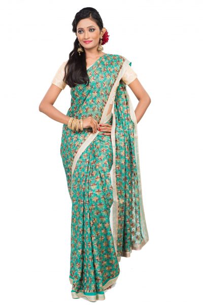 green chiffon saree with phulkari embroidery - front view
