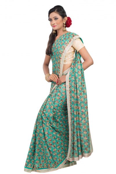 green chiffon saree with phulkari embroidery - side view