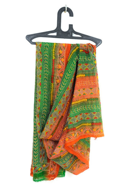 green-orange Kantha Stitch silk shawl - 1