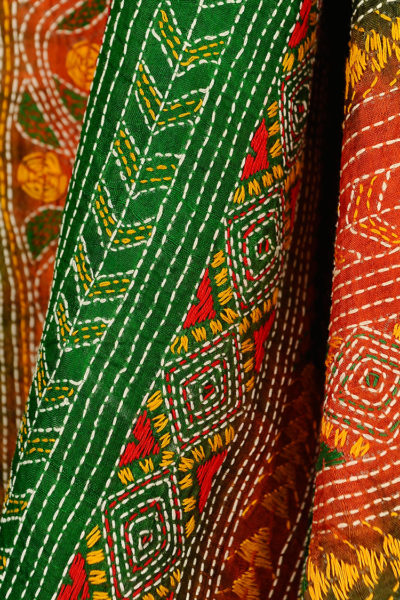 green-orange Kantha Stitch silk shawl - 2