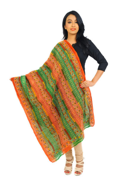 green-orange Kantha Stitch silk shawl