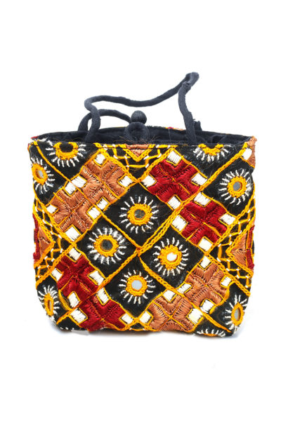 black and yellow Gujarati potli bag with embroidery and mirror work - back view