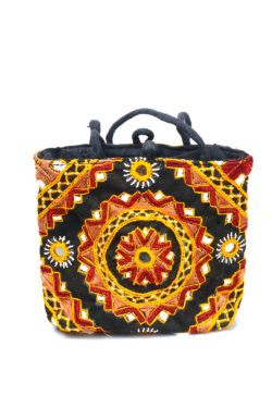 black and yellow Gujarati potli bag with embroidery and mirror work - front view