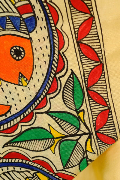 hand painted big fish motif silk Madhubani scarf - close up