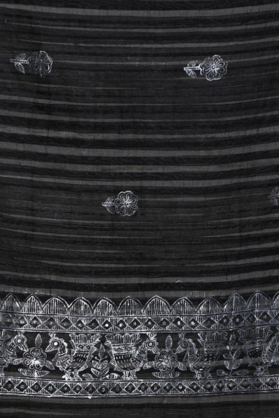 hand painted bird motif black cotton silk Madhubani stole - 1