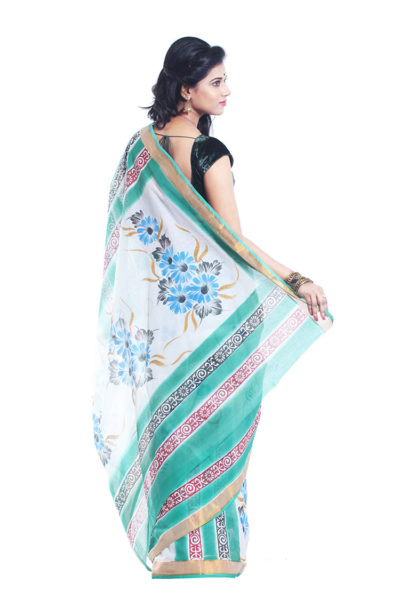 hand-painted block printed cotton saree sea green and white - back view