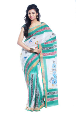 hand-painted block printed cotton saree sea green and white - front view