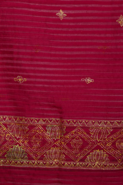 hand painted fish motif magenta cotton silk Madhubani stole - 1