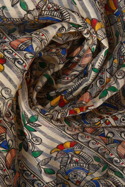 hand painted fish motif silk Madhubani saree