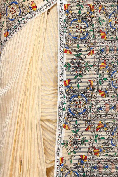 hand painted fish motif silk Madhubani saree - close up