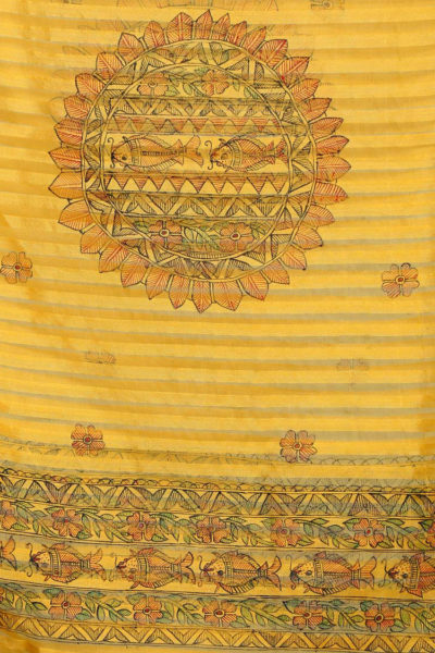 hand painted fish motif yellow cotton silk Madhubani stole - 1