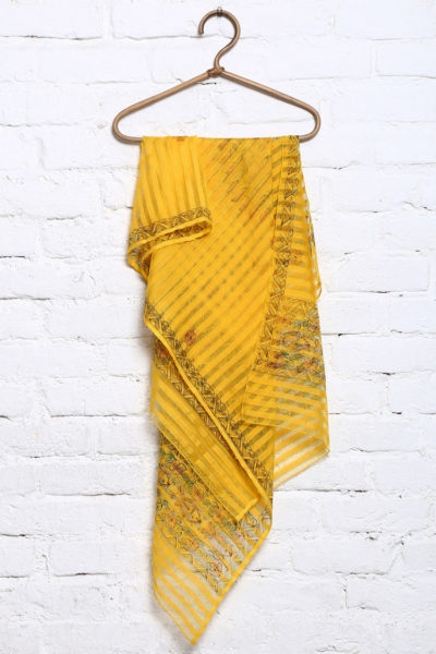 hand painted fish motif yellow cotton silk Madhubani stole