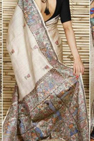 hand-painted multi-color Madhubani silk saree - back