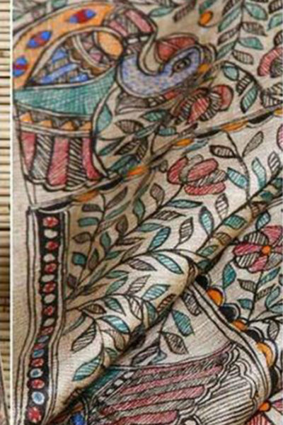 hand painted multi-color Madhubani silk saree - close up