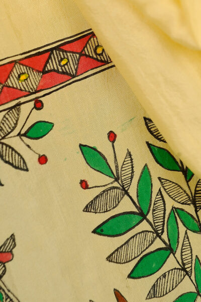 hand painted peacock motif silk Madhubani scarf - close up