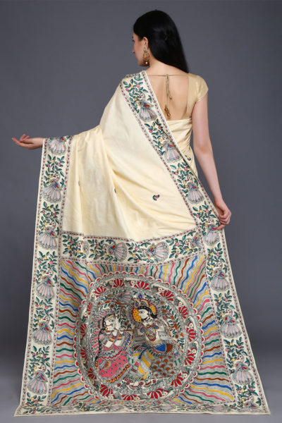 hand-painted Radha-Krishna Madhubani silk saree - back