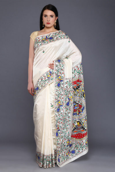 hand painted Radha Krishna motif khadi silk Madhubani saree - front