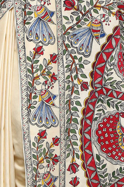 hand painted Shri Krishna Madhubani silk saree - close up