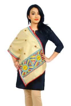 hand painted sun motif silk Madhubani scarf