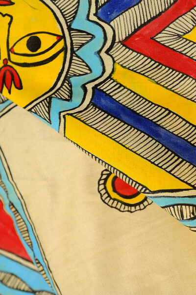 hand painted sun motif silk Madhubani scarf - close up