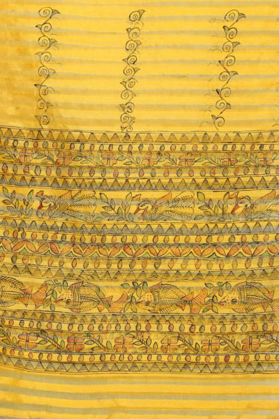 hand painted yellow cotton silk Madhubani stole - 1