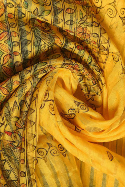 hand painted yellow cotton silk Madhubani stole - 2
