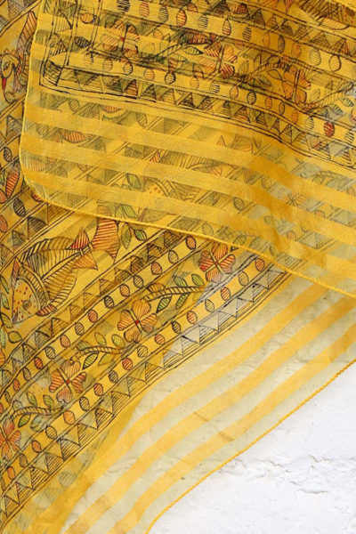 hand painted yellow cotton silk Madhubani stole - 3