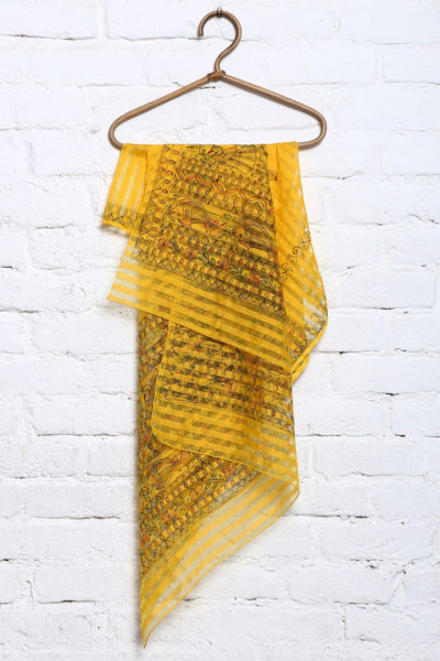 hand painted yellow cotton silk Madhubani stole