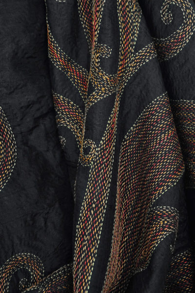 Jamawar style black Kantha stitch silk shawl - 2